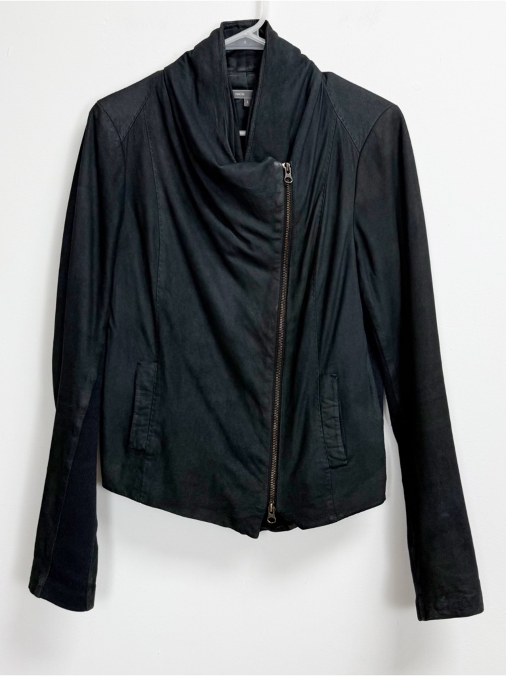 Vince Leather Moto Jacket Womens Large Black Asymmetric Zip